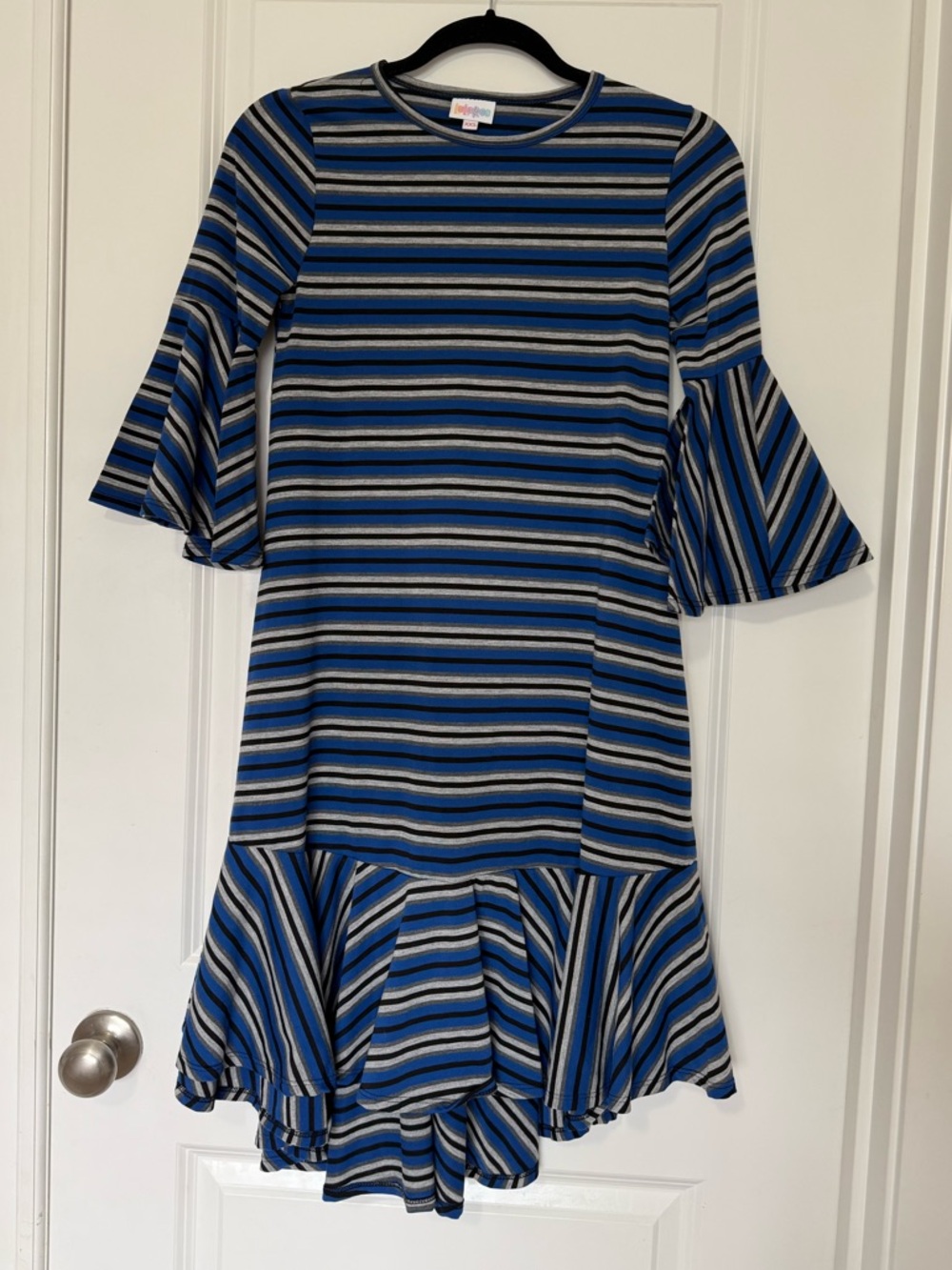 LuLaRoe Blue & Navy Striped Ruffle Dress